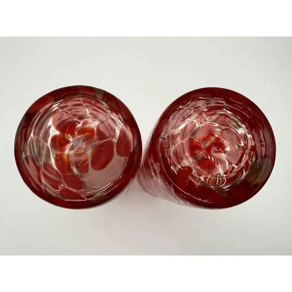 Hand Blown 7” Art Glass Drinking Glasses Vase Red & Gold Confetti Ribbon Swirl